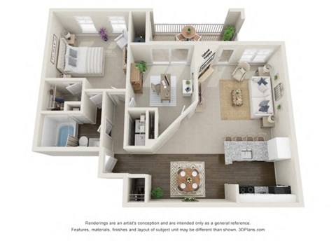 Floor plan for 1 bed, 1 bath, 1047 sqft